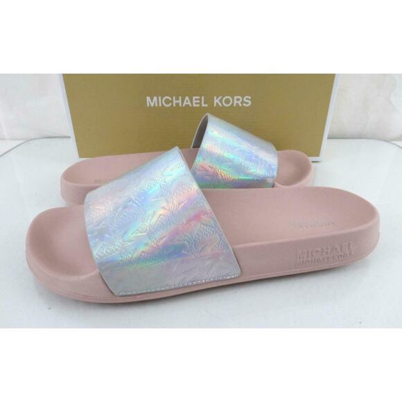 Michael Kors Gilmore Slide Sandals MK Debossed Metallic Silver Multi Size 9 - Picture 4 of 9